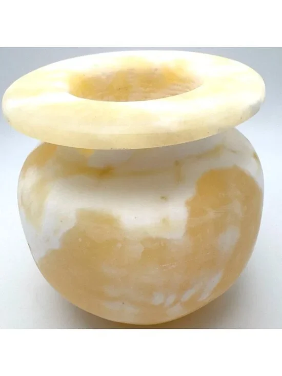80s MCM Alabaster Stone Candle Holder Yellow-White Swirl Pattern Rounded 5" - Picture 8 of 8